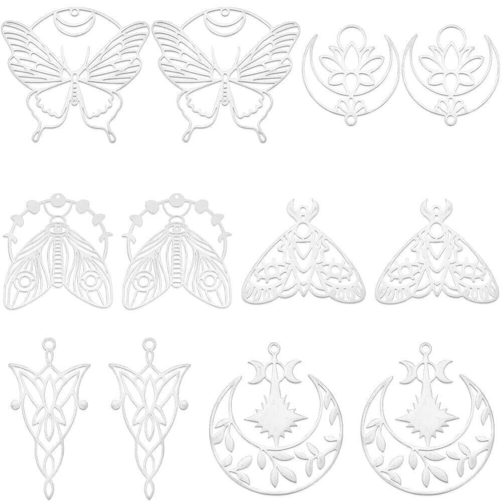 8809 1 Box 24Pcs Silver Moth Charms Tarot Charms Bulk Large Hollow Tibetan
